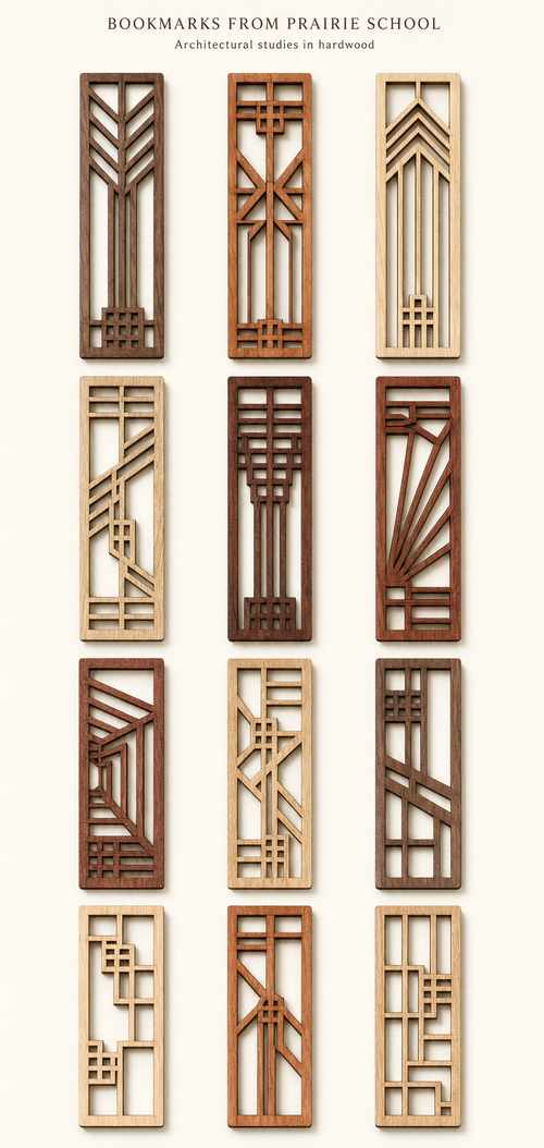 Twelve laser-cut Prairie School wood bookmarks displayed