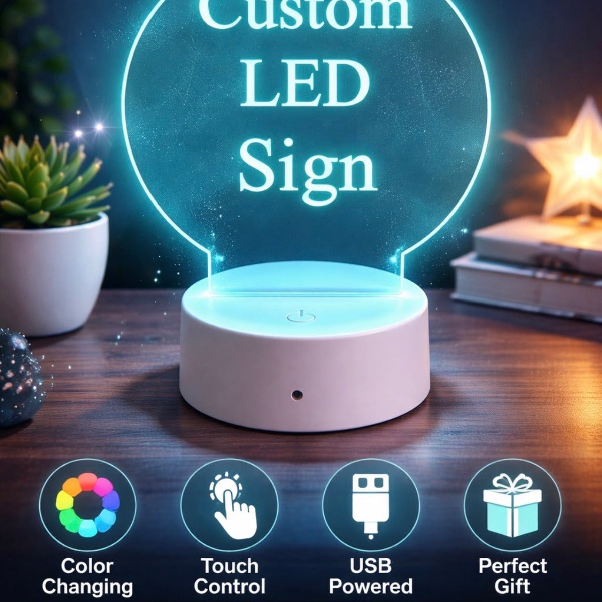 Custom engraved acrylic LED sign on desk