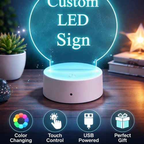 Custom engraved acrylic LED sign on desk