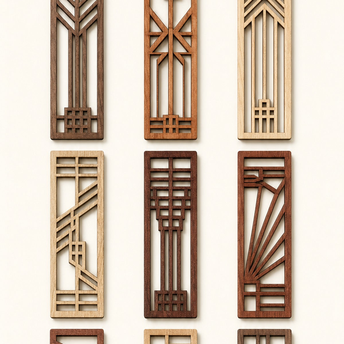 Six engraved Prairie School wood bookmarks on cream