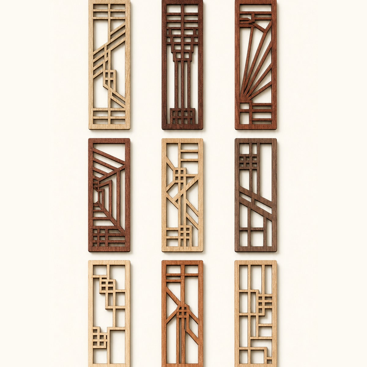 Nine engraved Prairie School bookmarks, complete set