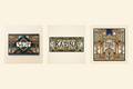 Three example commissioned designs on cream: 3426 address panel, KARINA name panel, Prairie Hearth word panel