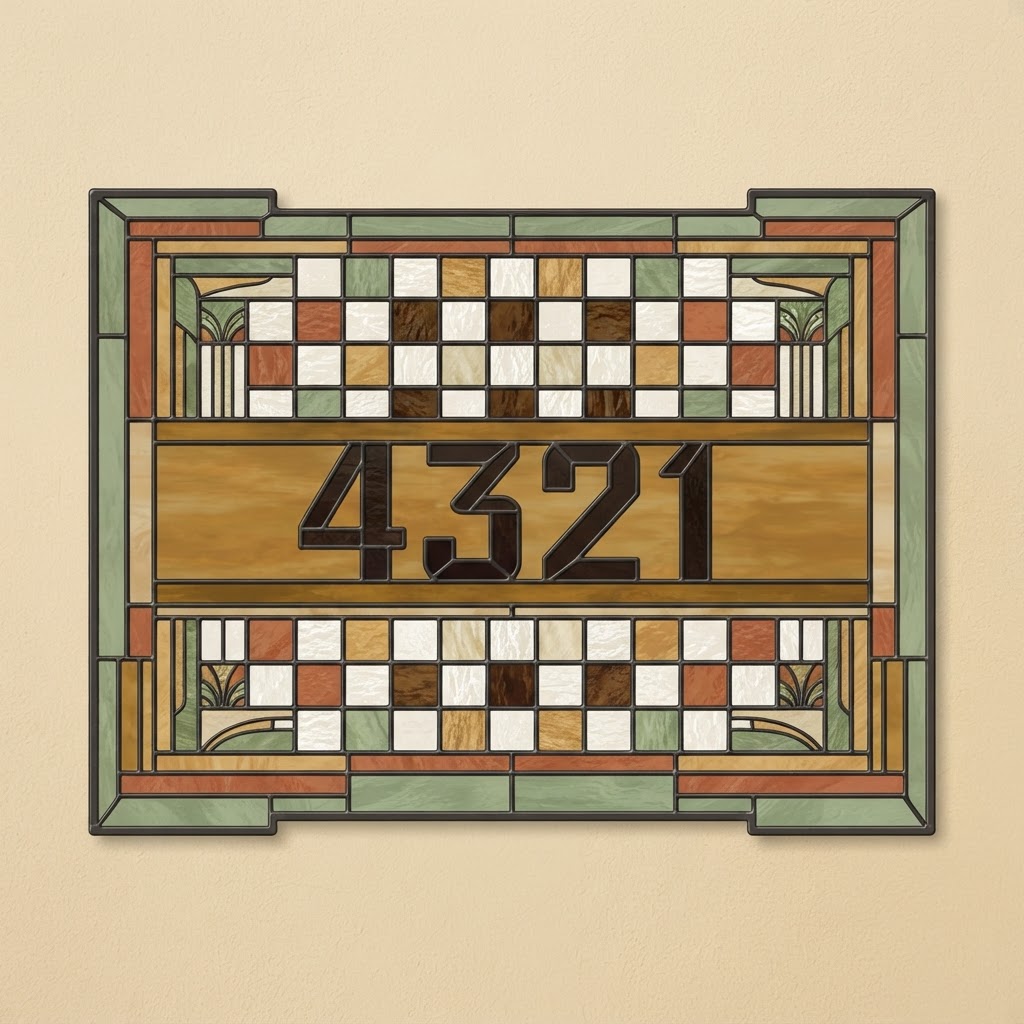 Prairie stained-glass address plaque on a home