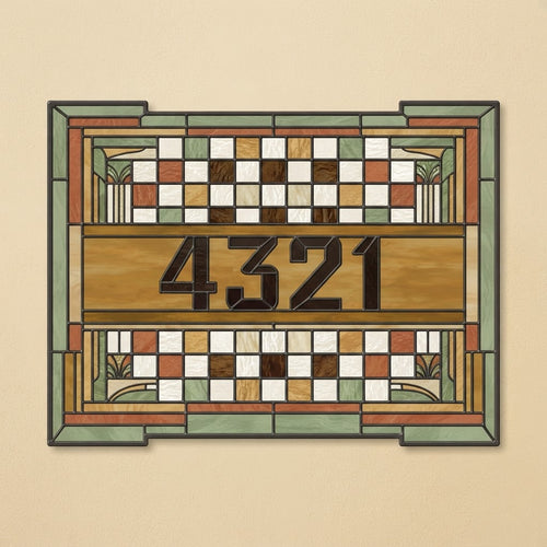 Design option: horizontal Prairie stained-glass address plaque, house number 4321