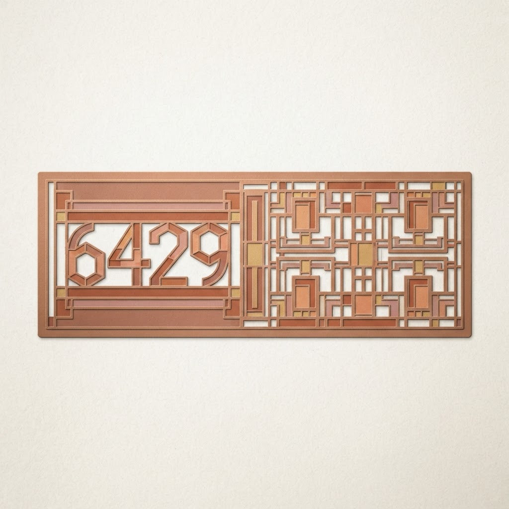 Design rendering — precision cut-through Prairie-style wood address plate