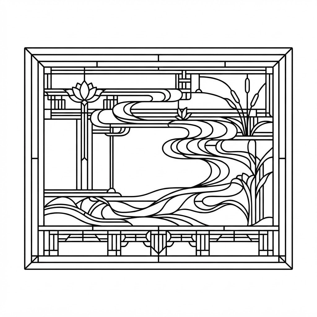 Water Meditation large panel engraving line art, black and white counterpart