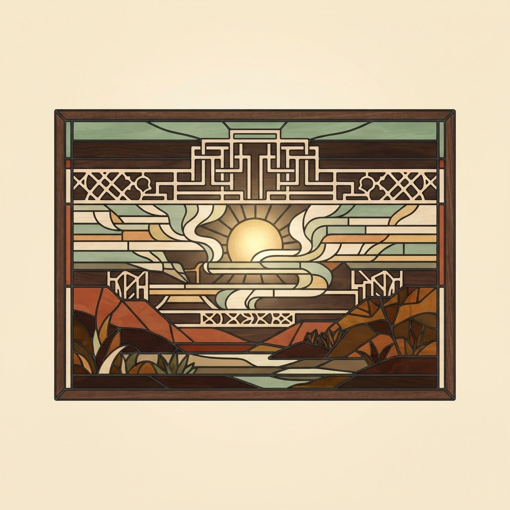 Canyon Dawn Storyglass panel, sunrise over red mesas with Prairie fretwork crown, walnut frame
