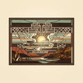 Canyon Dawn Storyglass panel, sunrise over red mesas with Prairie fretwork crown, walnut frame