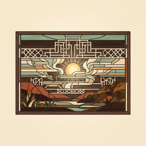 Canyon Dawn Storyglass panel, sunrise over red mesas with Prairie fretwork crown, walnut frame