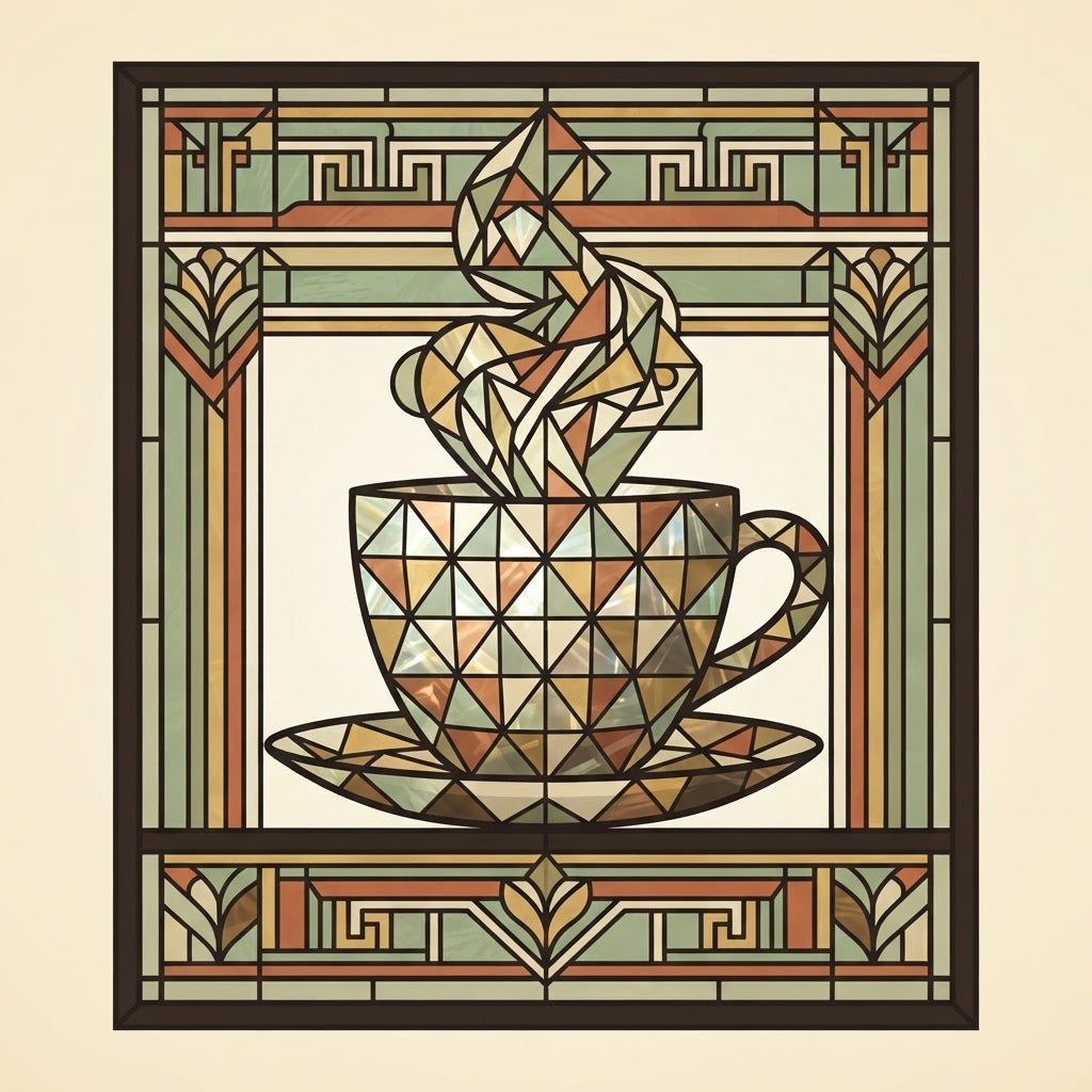 Coffee Ritual Storyglass panel, faceted stained glass coffee cup with geometric steam and Prairie fretwork border