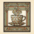 Coffee Ritual Storyglass panel, faceted stained glass coffee cup with geometric steam and Prairie fretwork border