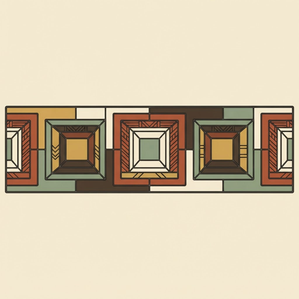 Metronome Prairie frieze panel, long horizontal band of nested squares in rust, sage, ochre, and walnut