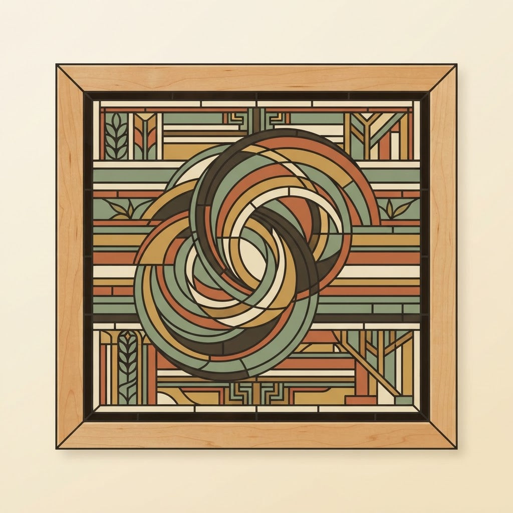 Musical Swirl Prairie wall panel, square format, interlocking spiral design in sage, amber, and rust with maple frame