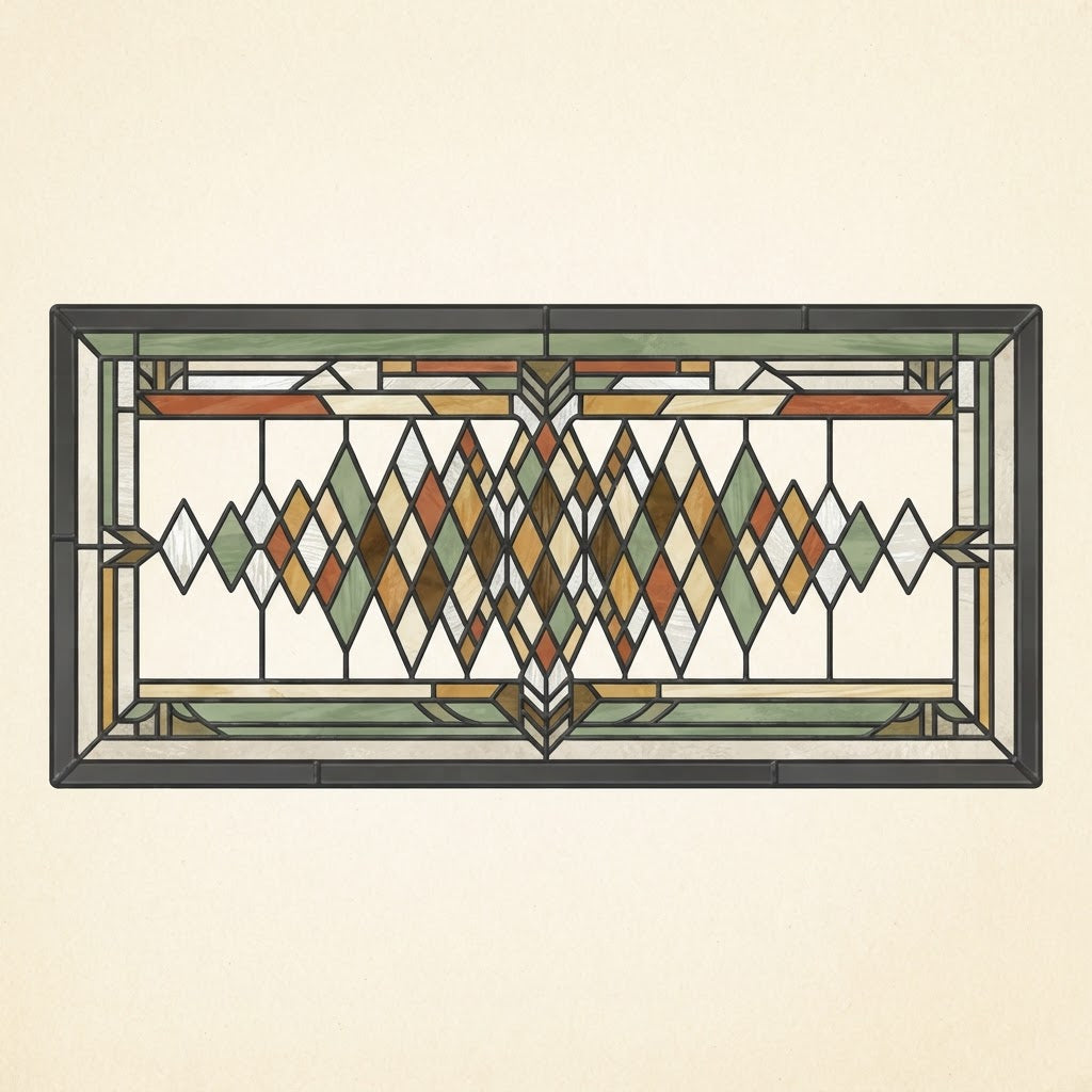 Staccato Lattice Prairie wall panel, wide format, diamond lattice design in sage, amber, rust, and walnut