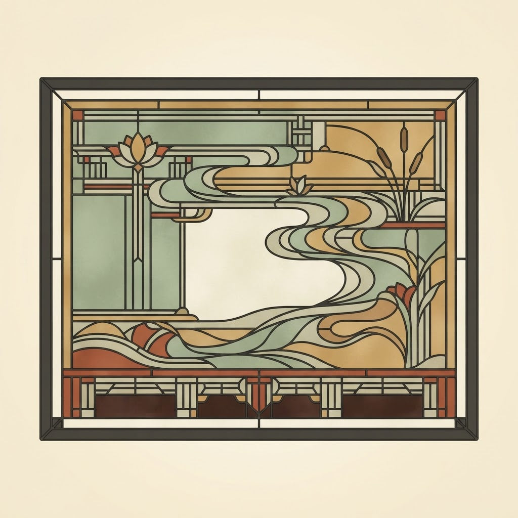 Water Meditation Prairie wall panel, large format, lotus and stream design in sage, amber, and rust
