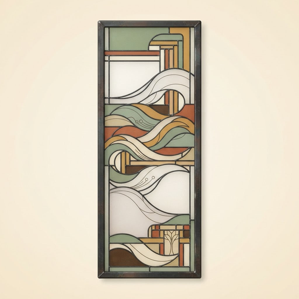 Water Meditation Prairie wall panel, tall slim format, flowing wave design in sage, amber, and rust